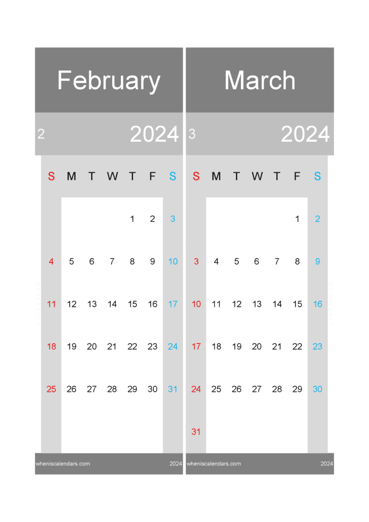 Download printable calendar February and March 2024 A4 FM24018