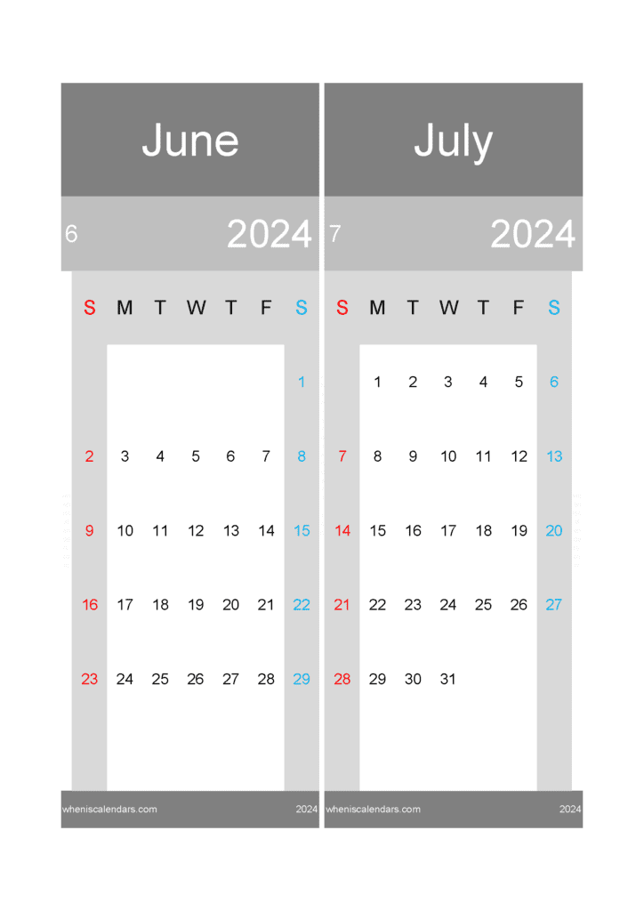 Download printable calendar June and July 2024 A4 JJ24018