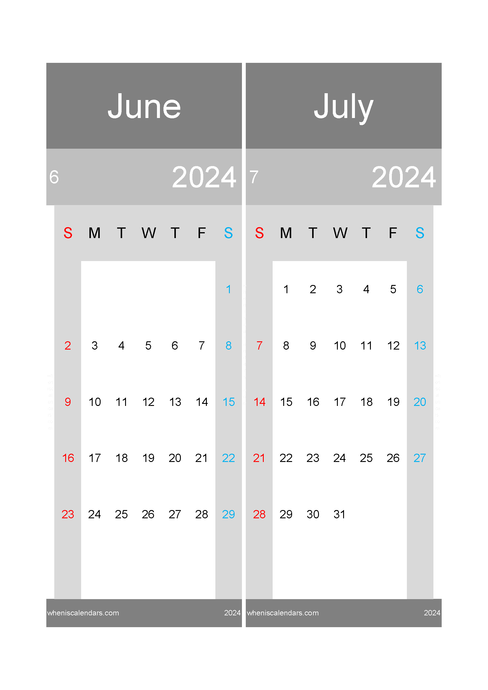 Download printable calendar June and July 2024 A4 JJ242018