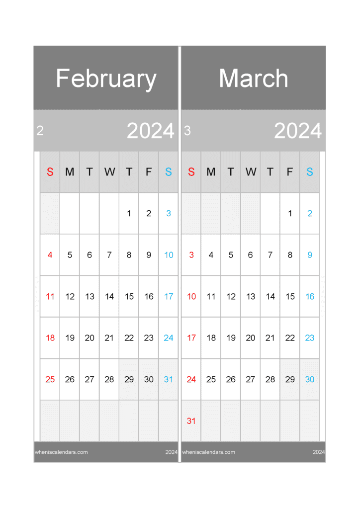 Download calendar for February and March 2024 A4 FM24019
