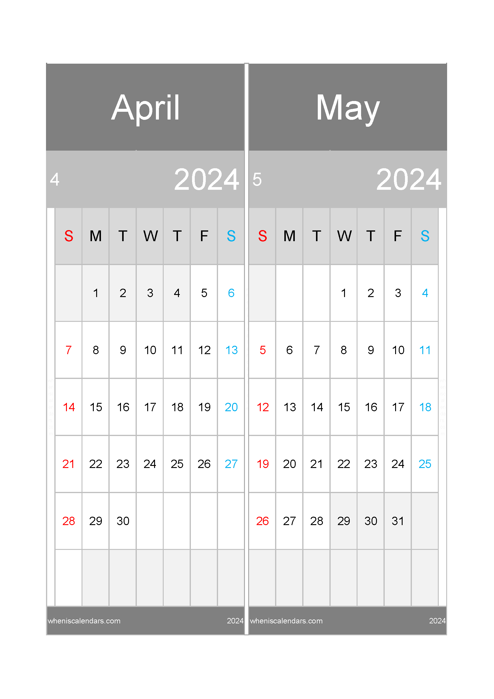 Download calendar for April and May 2024 A4 AM242019