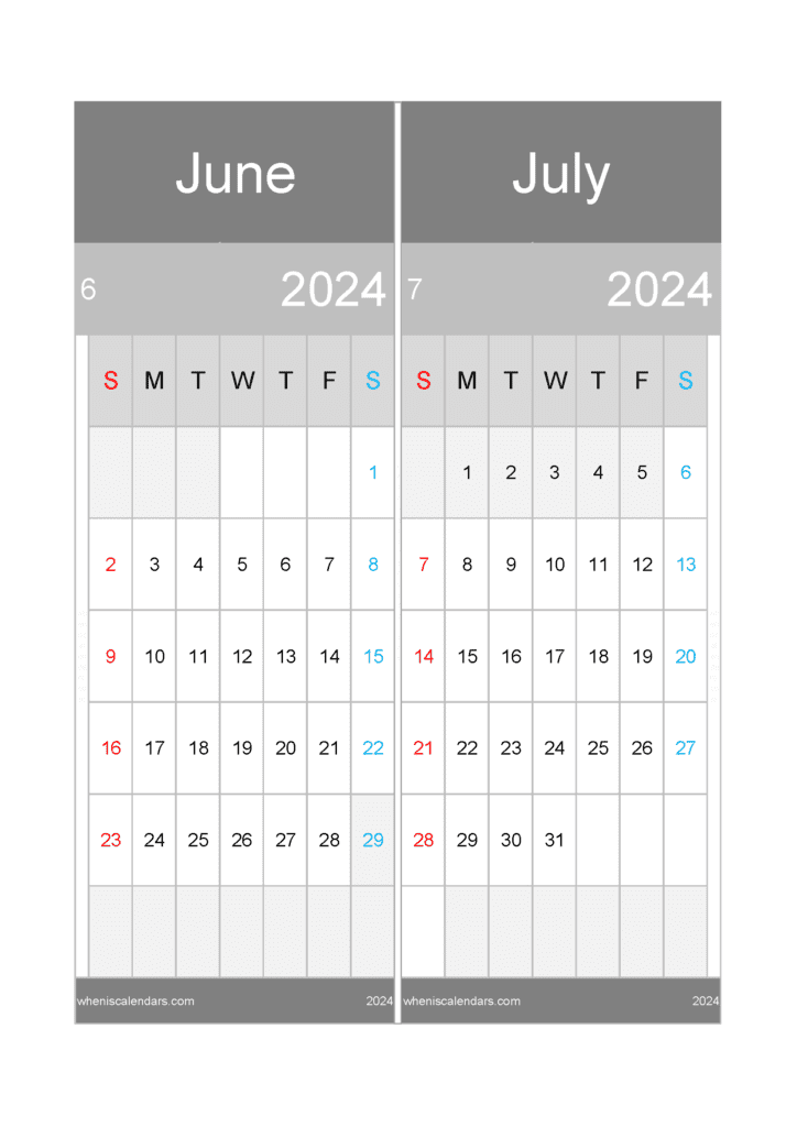 Download calendar for June and July 2024 A4 JJ242019
