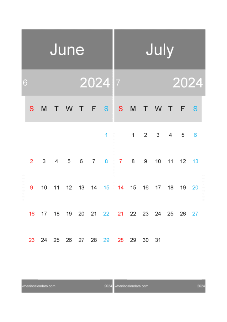 Download Jun and July calendar 2024 A4 JJ24020