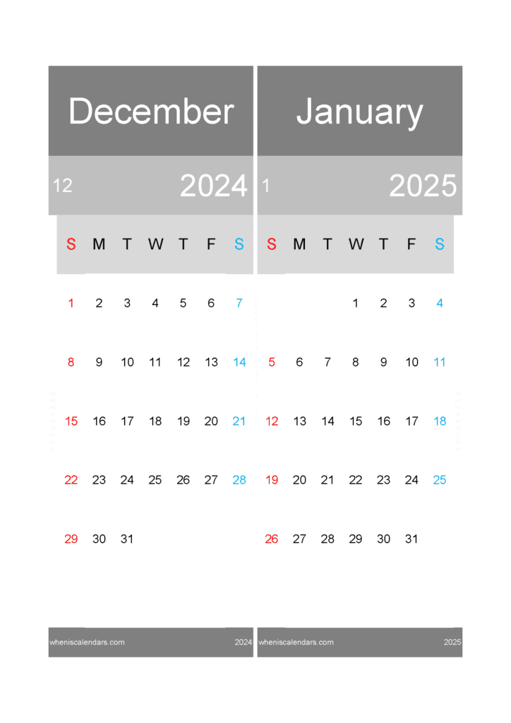 Download Dec 2024 and January 2025 calendar A4 DJ24020