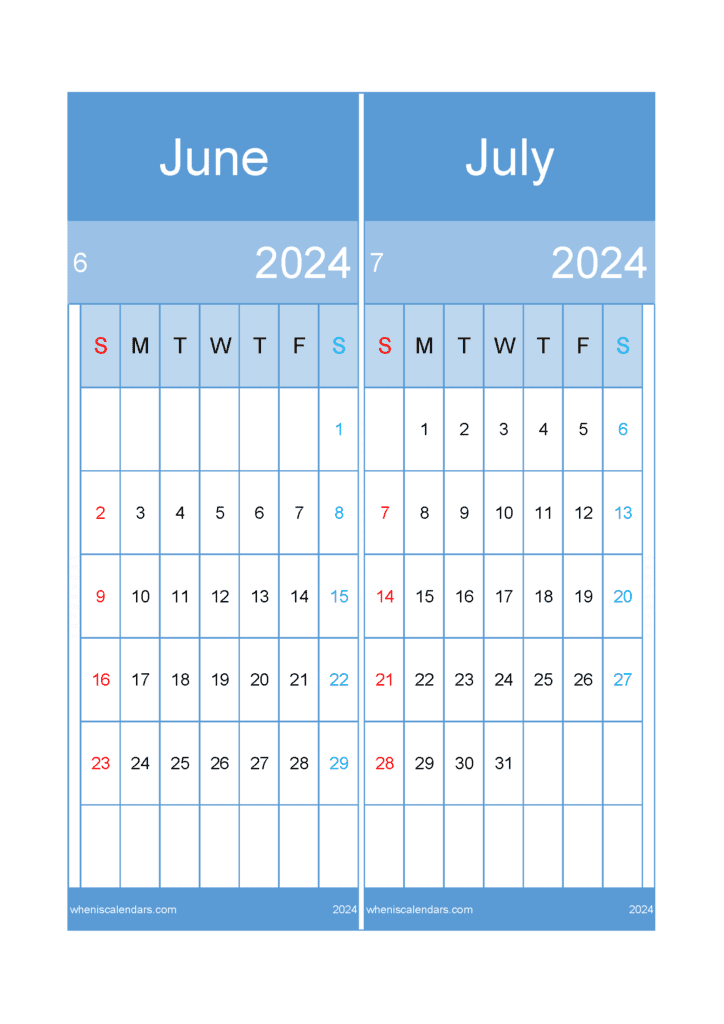 Download calendar Jun and July 2024 A4 JJ24021