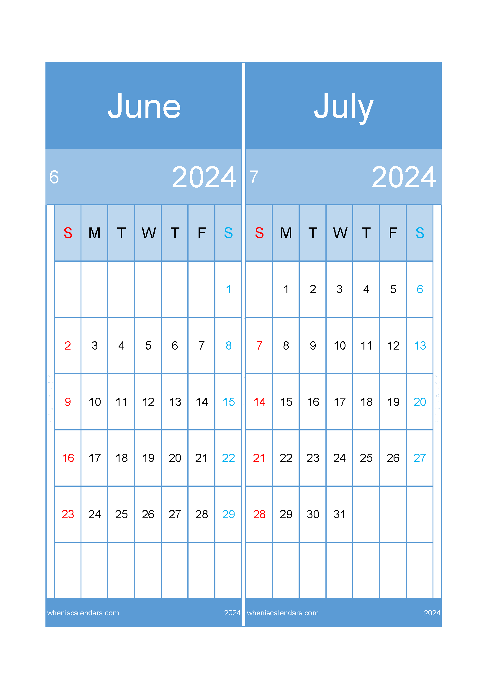 Download calendar Jun and July 2024 A4 JJ242021
