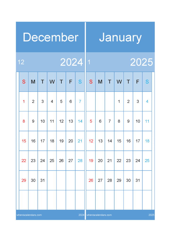 Download calendar Dec 2024 and January 2025 A4 DJ24021
