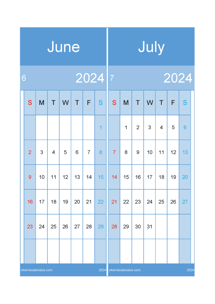 Download 2024 June July calendar A4 JJ24022