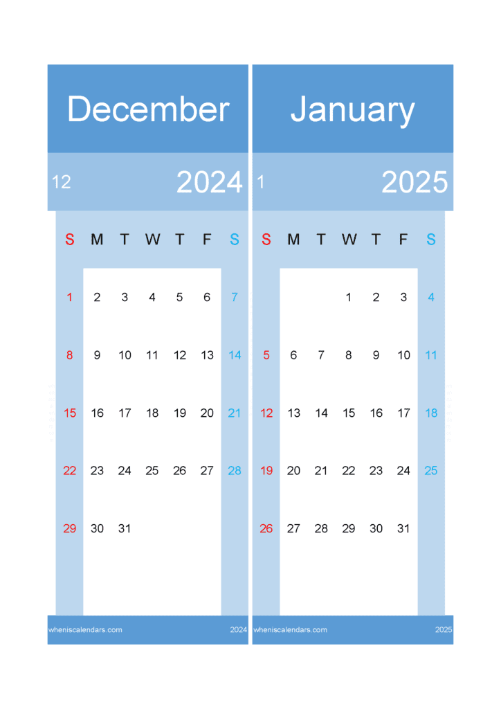 Download calendar December 2024 January 2025 A4 DJ24023