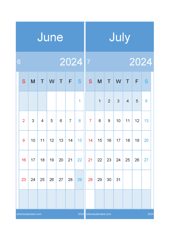 Download June to July 2024 calendar A4 JJ24024