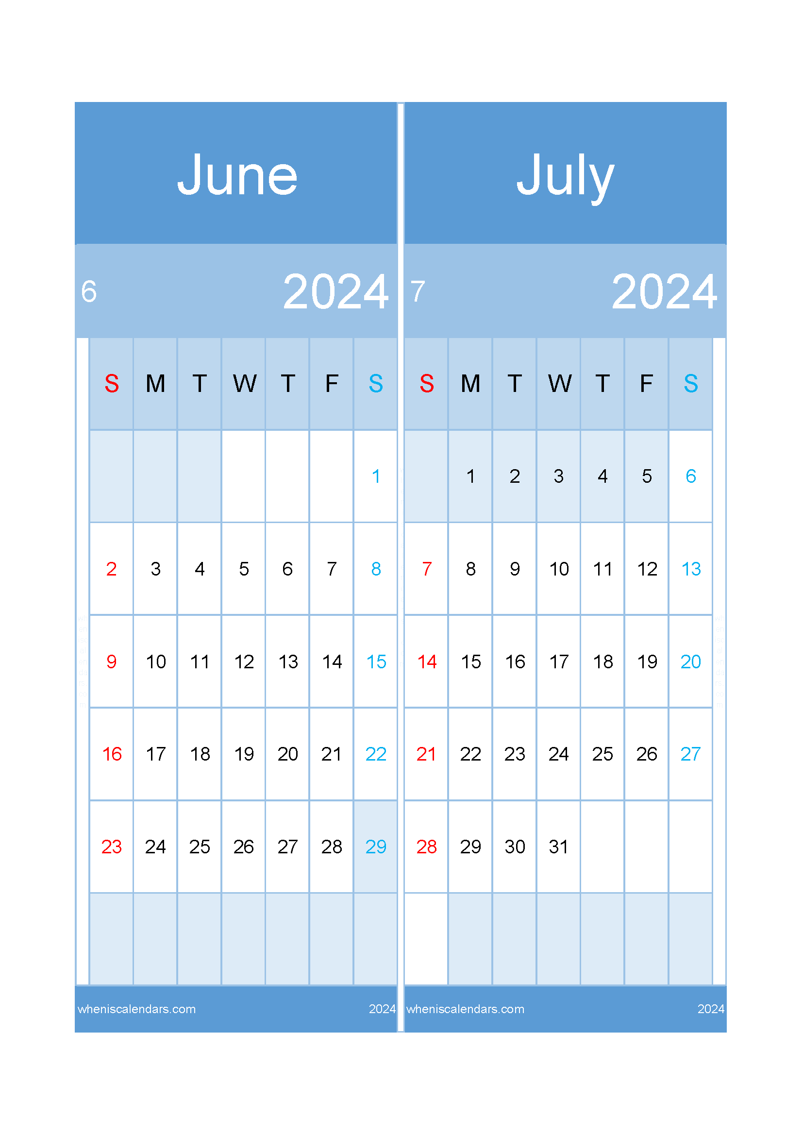 Download June to July 2024 calendar A4 JJ242024