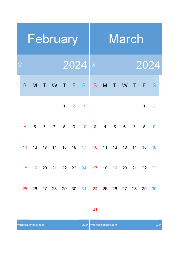 Download February to March calendar 2024 A4 FM242025