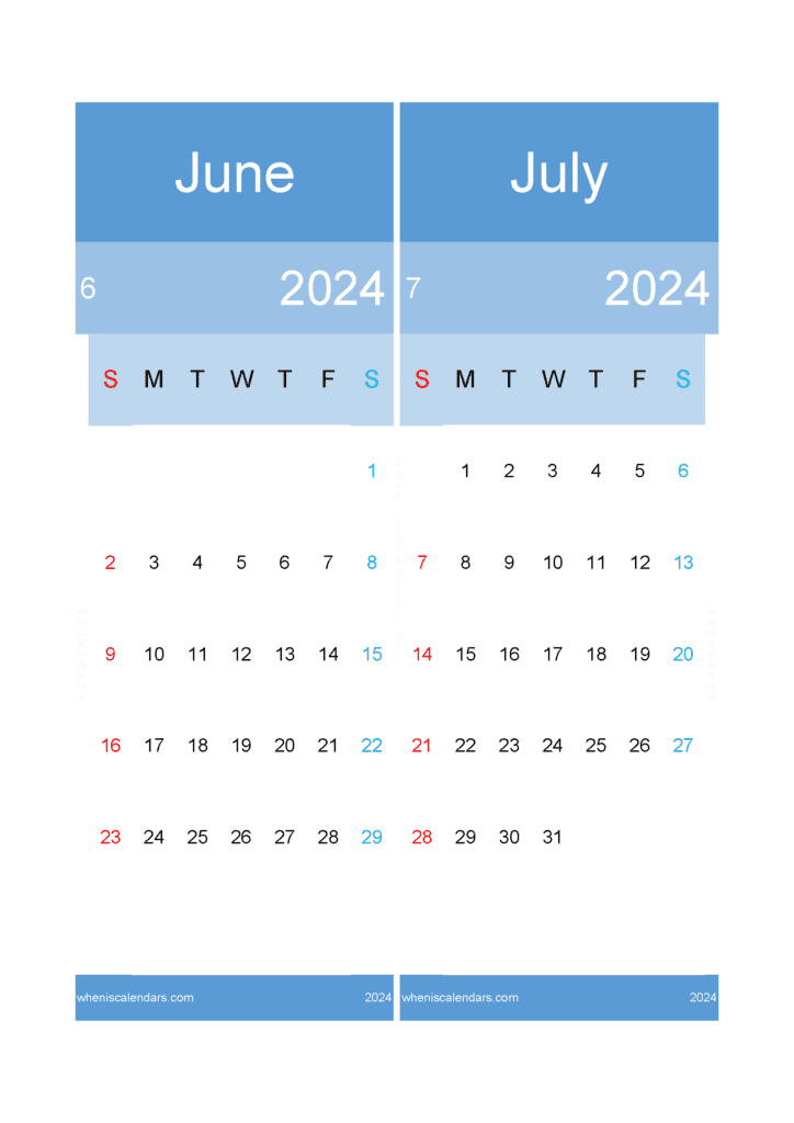 Download June to July calendar 2024 A4 JJ24025