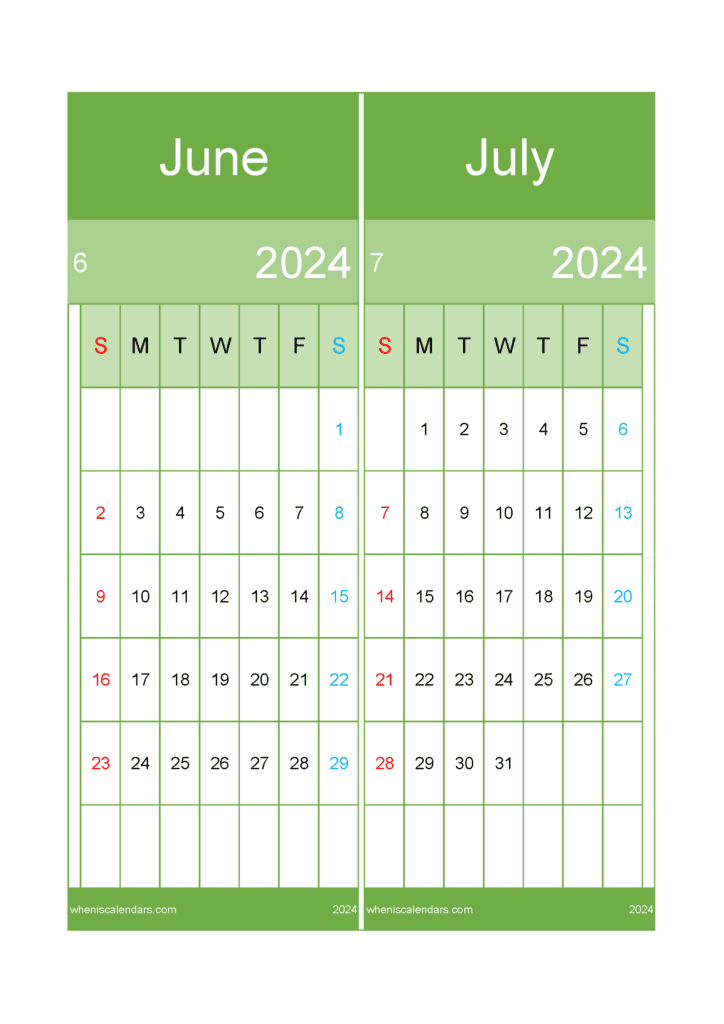 Download Jun and July calendar 2024 A4 JJ24026