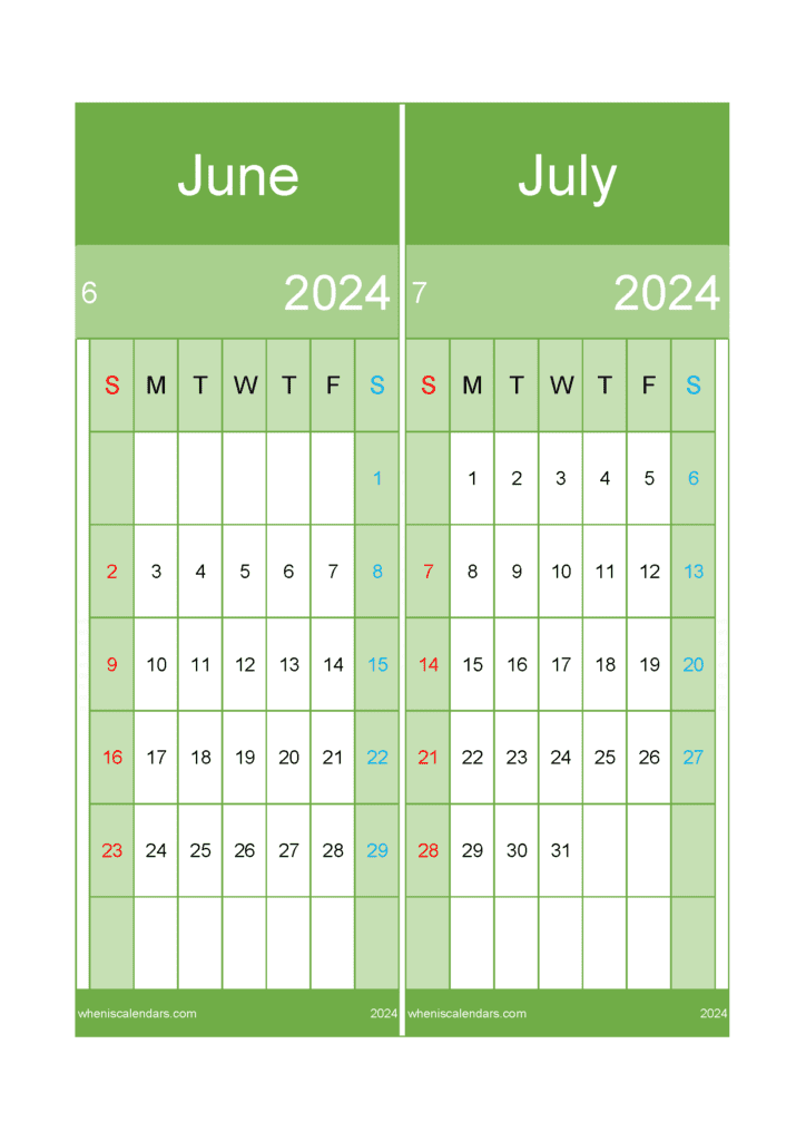 Download July and June calendar 2024 A4 JJ24027