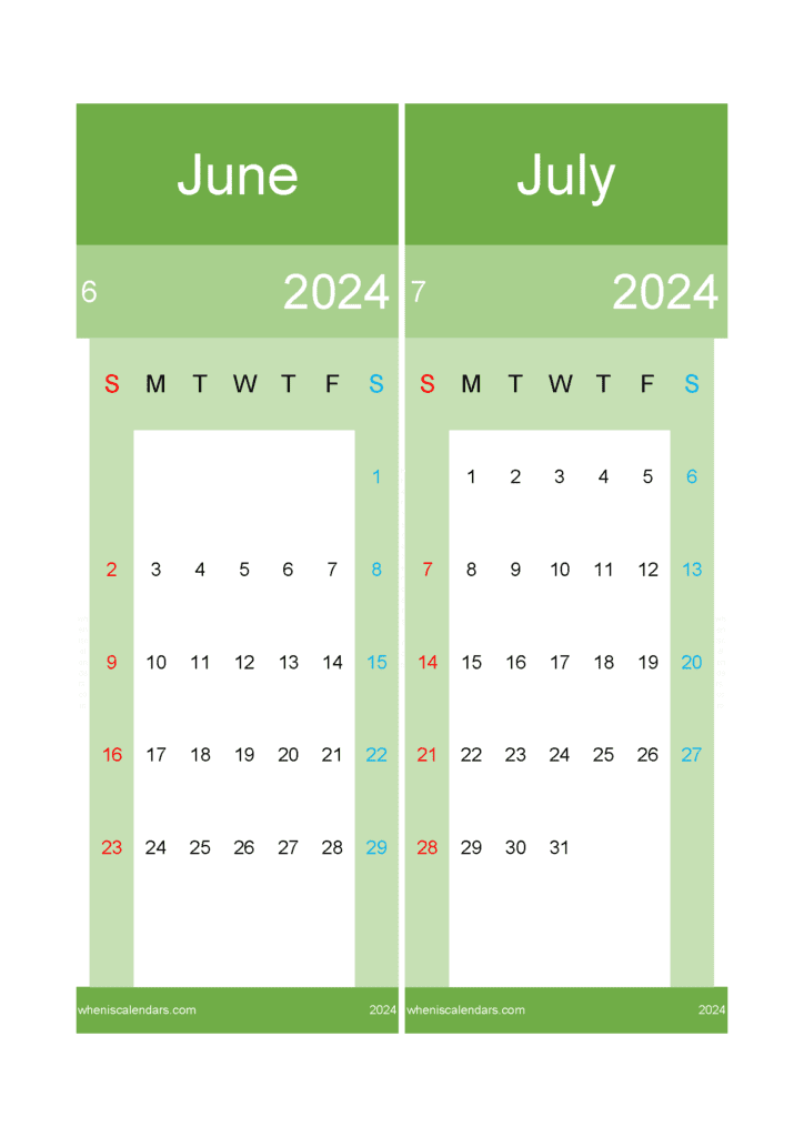 Download calendar 2024 Jun July A4 JJ24028