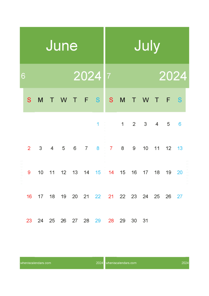 Download calendar for Jun and July 2024 A4 JJ24030
