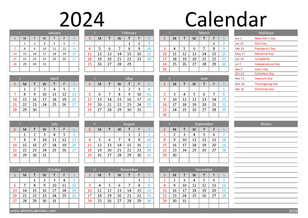 Download printable 2024 calendar A4 Horizontal (O4Y001)