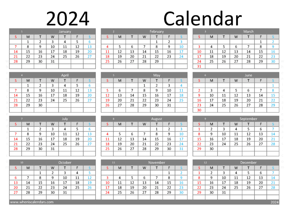 Download monthly printable calendar 2024 A4 Horizontal (O4Y089)