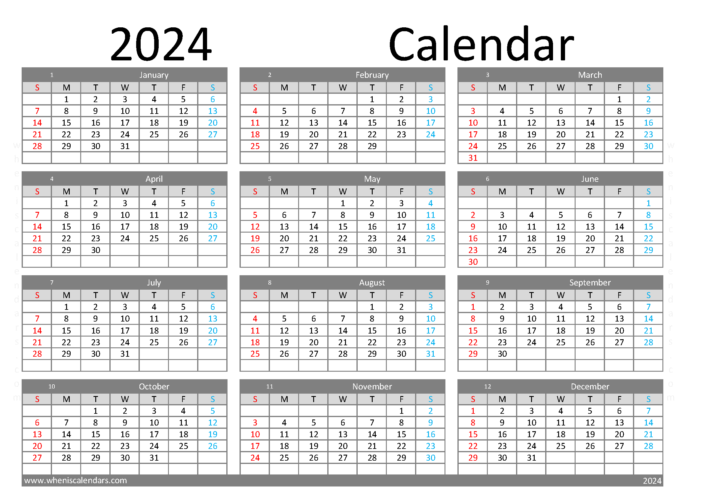 Download monthly printable calendar 2024 A4 Horizontal (O4Y089)
