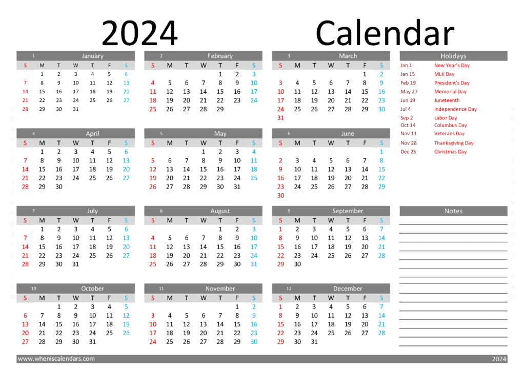 Download printable 2024 calendar template A4 Horizontal (O4Y002)