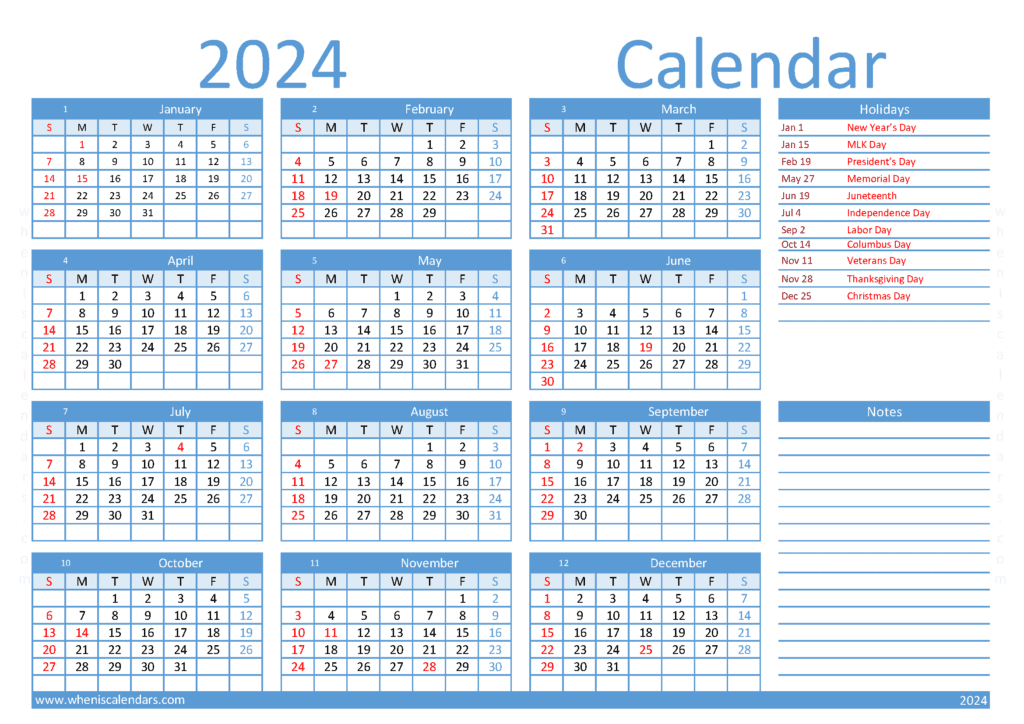 Download printable 2024 calendar pdf A4 Horizontal (O4Y003)