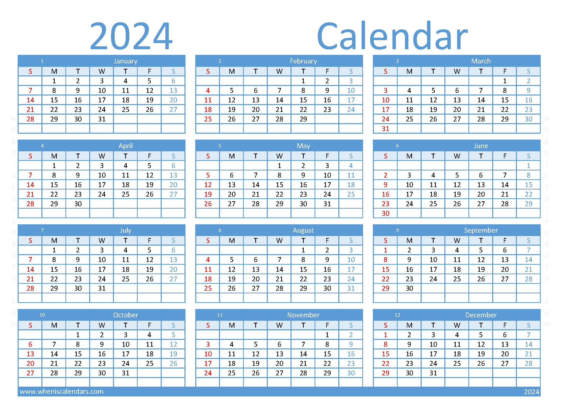 Download blank calendar com 2024 A4 Horizontal (O4Y091)