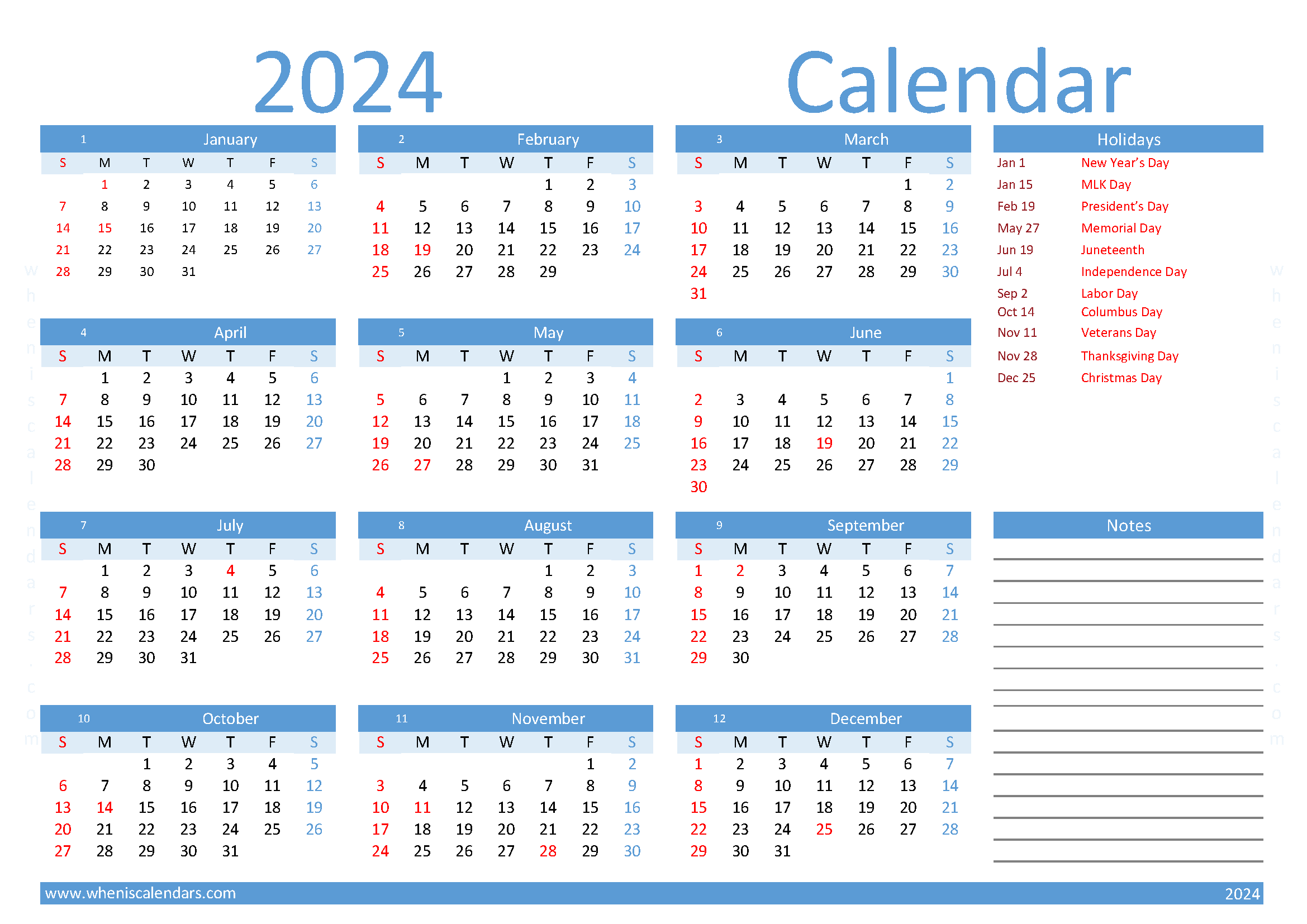 Download free printable 2024 Calendar with Holidays A4 in horizontal landscape