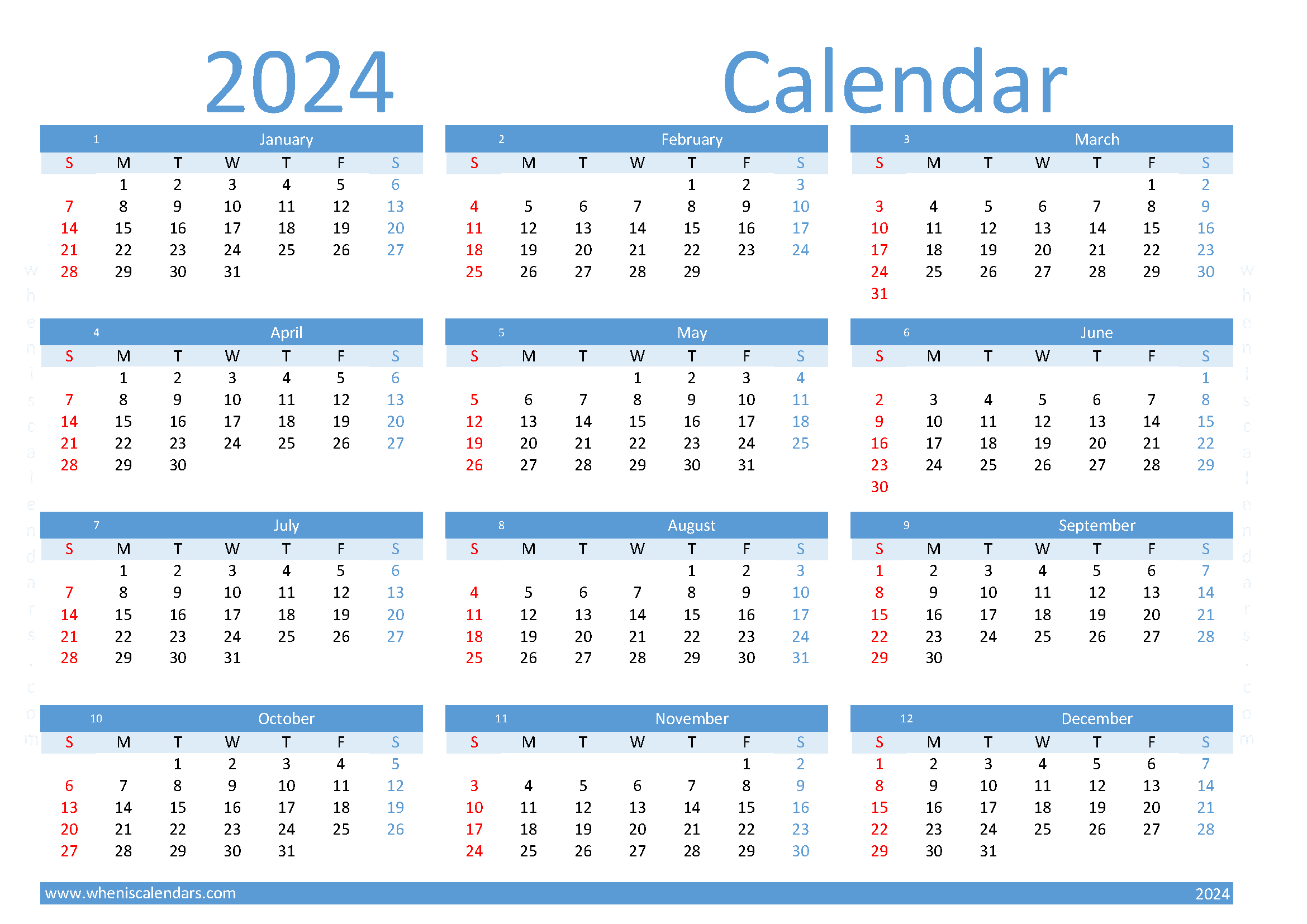 Download Free printable 2024 Calendar A4 in horizontal landscale