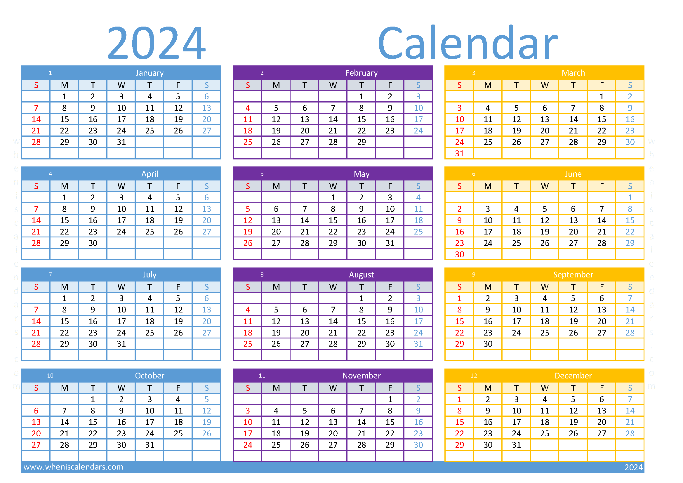 Download Free printable 2024 Calendar A4 in horizontal landscale