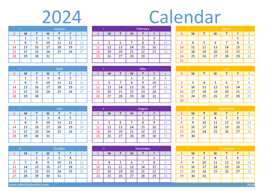 Download 2024 calendar print A4 Horizontal (O4Y093)
