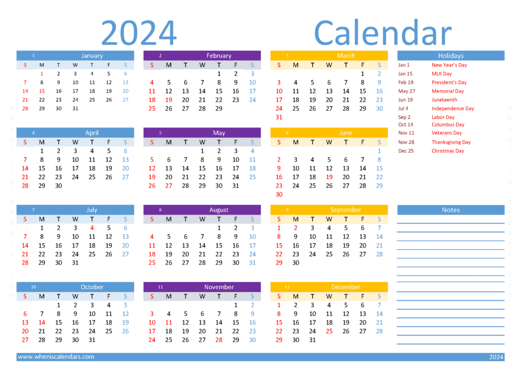 Download printable 2024 calendar a4 A4 Horizontal (O4Y006)