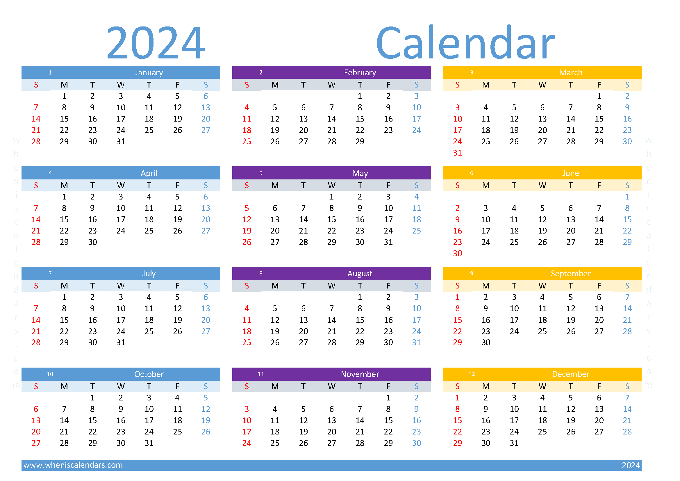 Download 2024 calendar printable one page A4 O24Y094