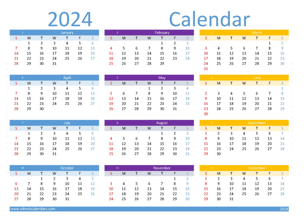 Download 2024 calendar printable one page A4 Horizontal (O4Y094)