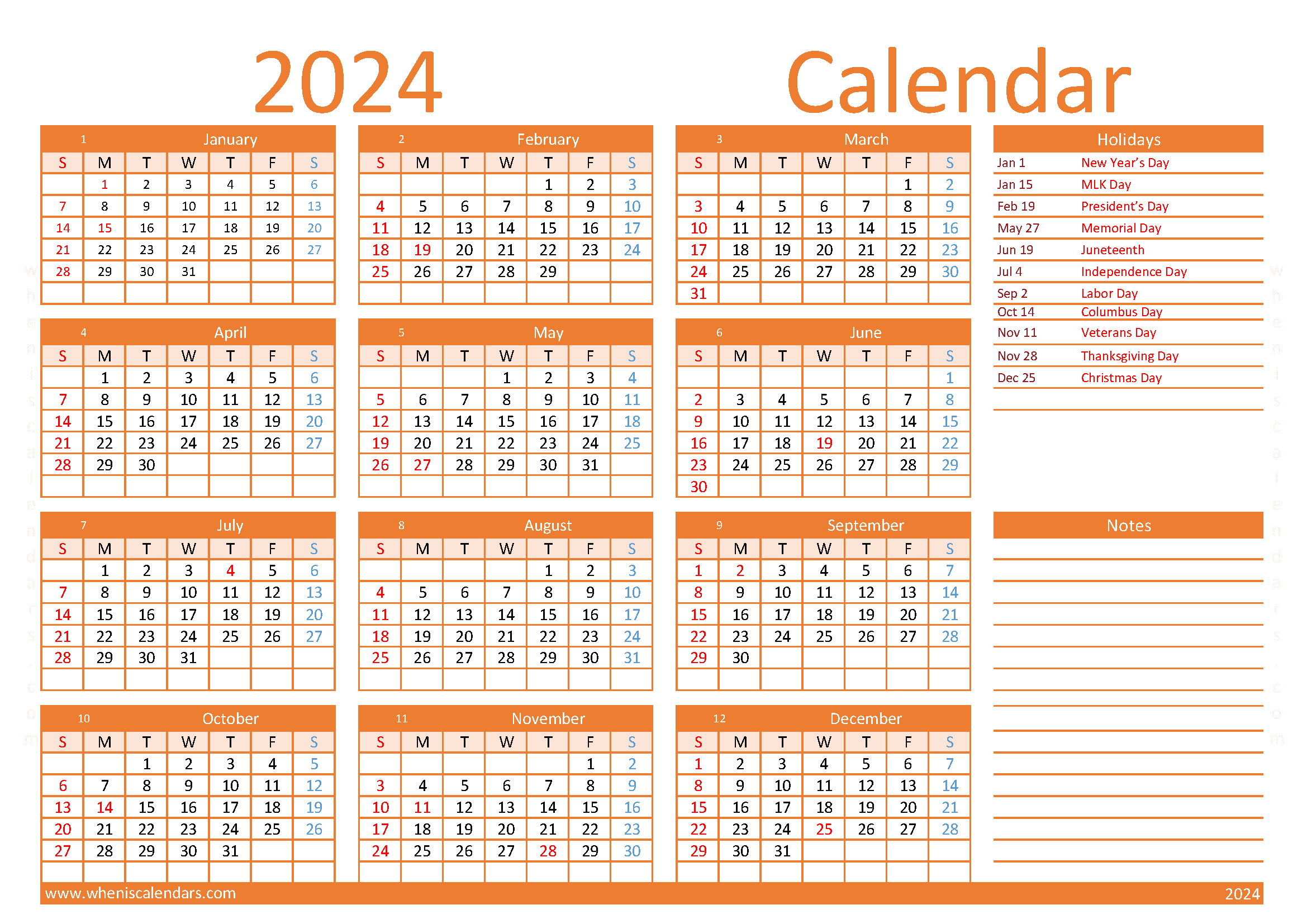Download 2024 calendar printable A4 Horizontal (O4Y007)
