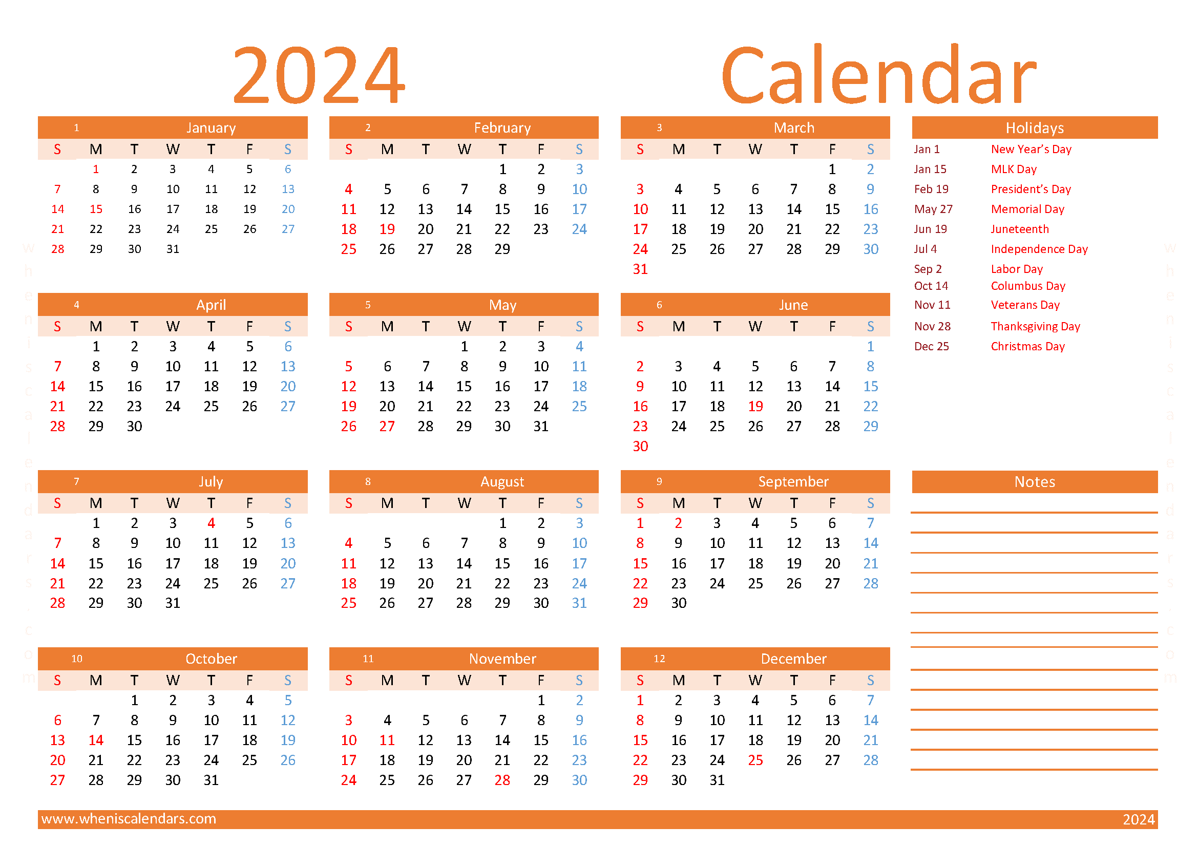Download free printable 2024 calendar A4 Horizontal (O4Y008)