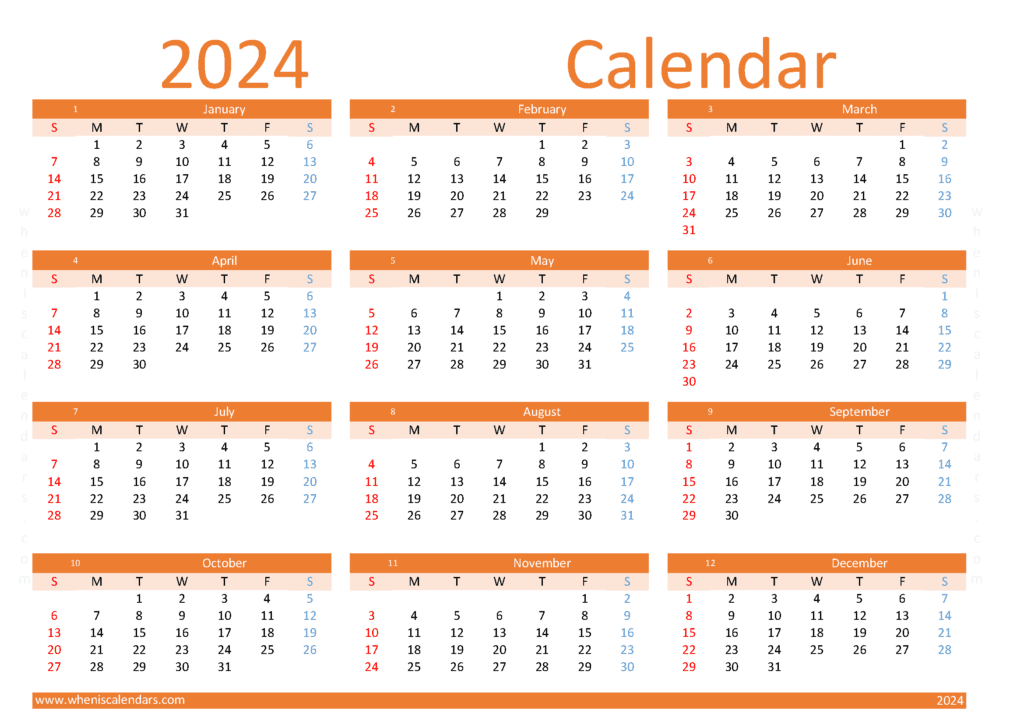 Download editable calendar template 2024 A4 Horizontal (O4Y096)
