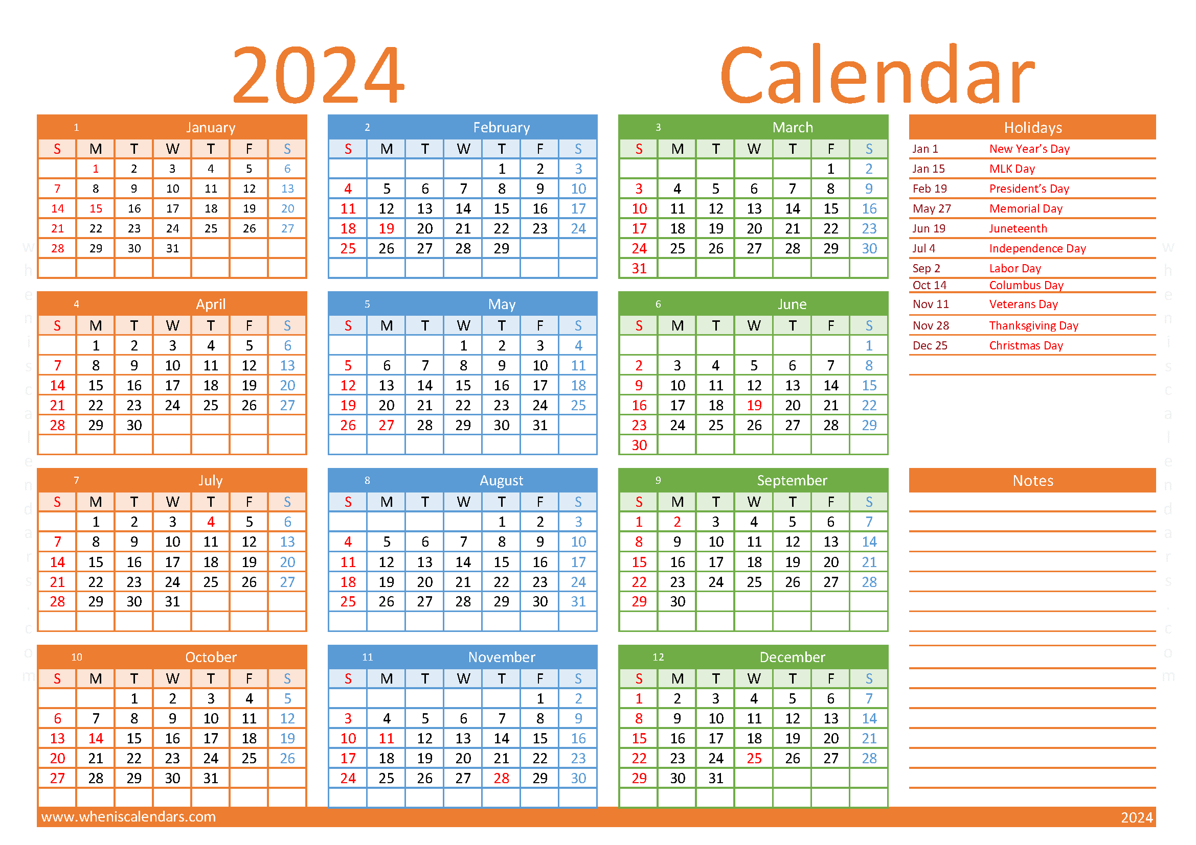 Download free printable calendar 2024 with holidays A4 Horizontal (O4Y009)