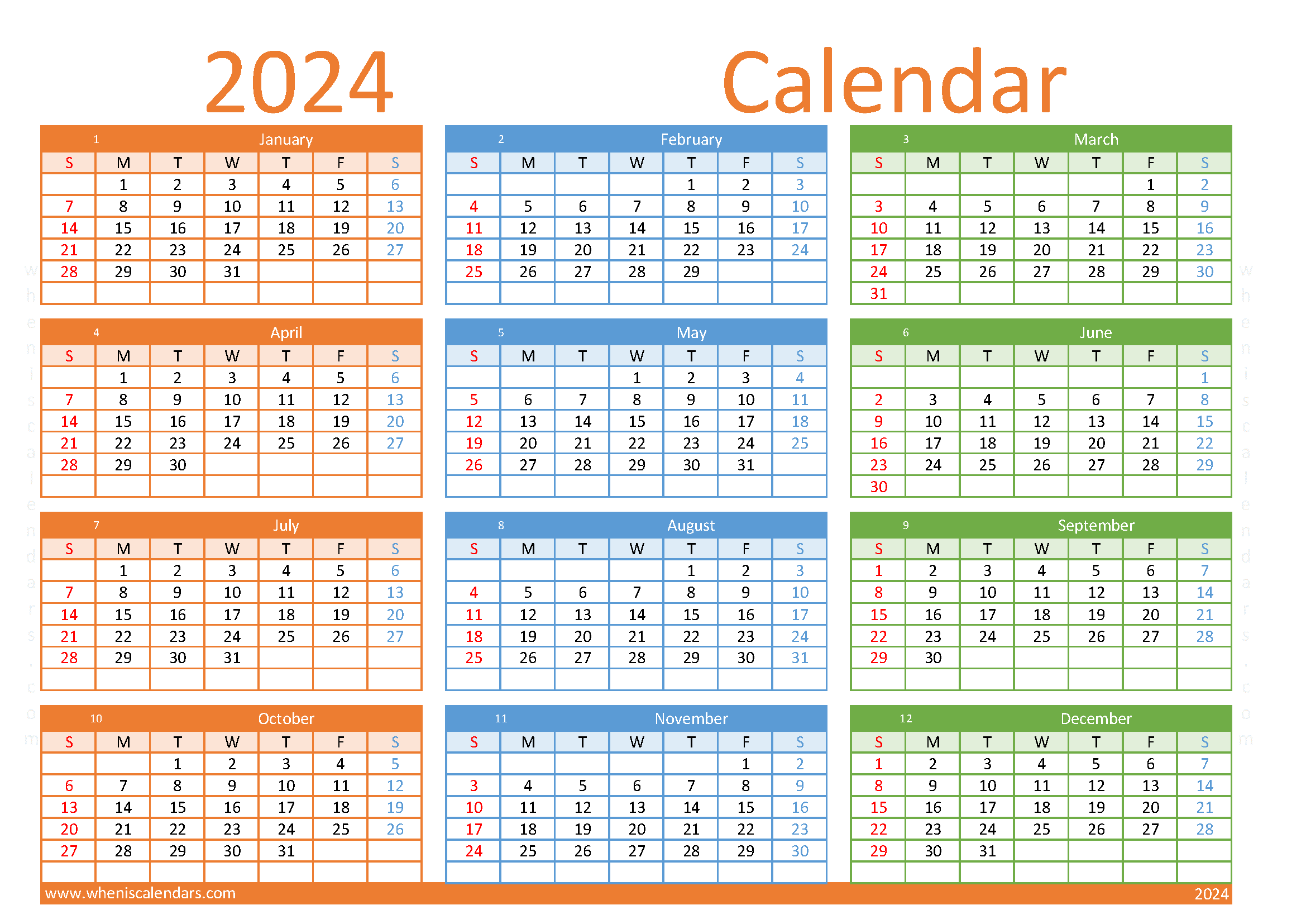free printable Calendar 2024 one Page A4 in horizontal landscape colorful design