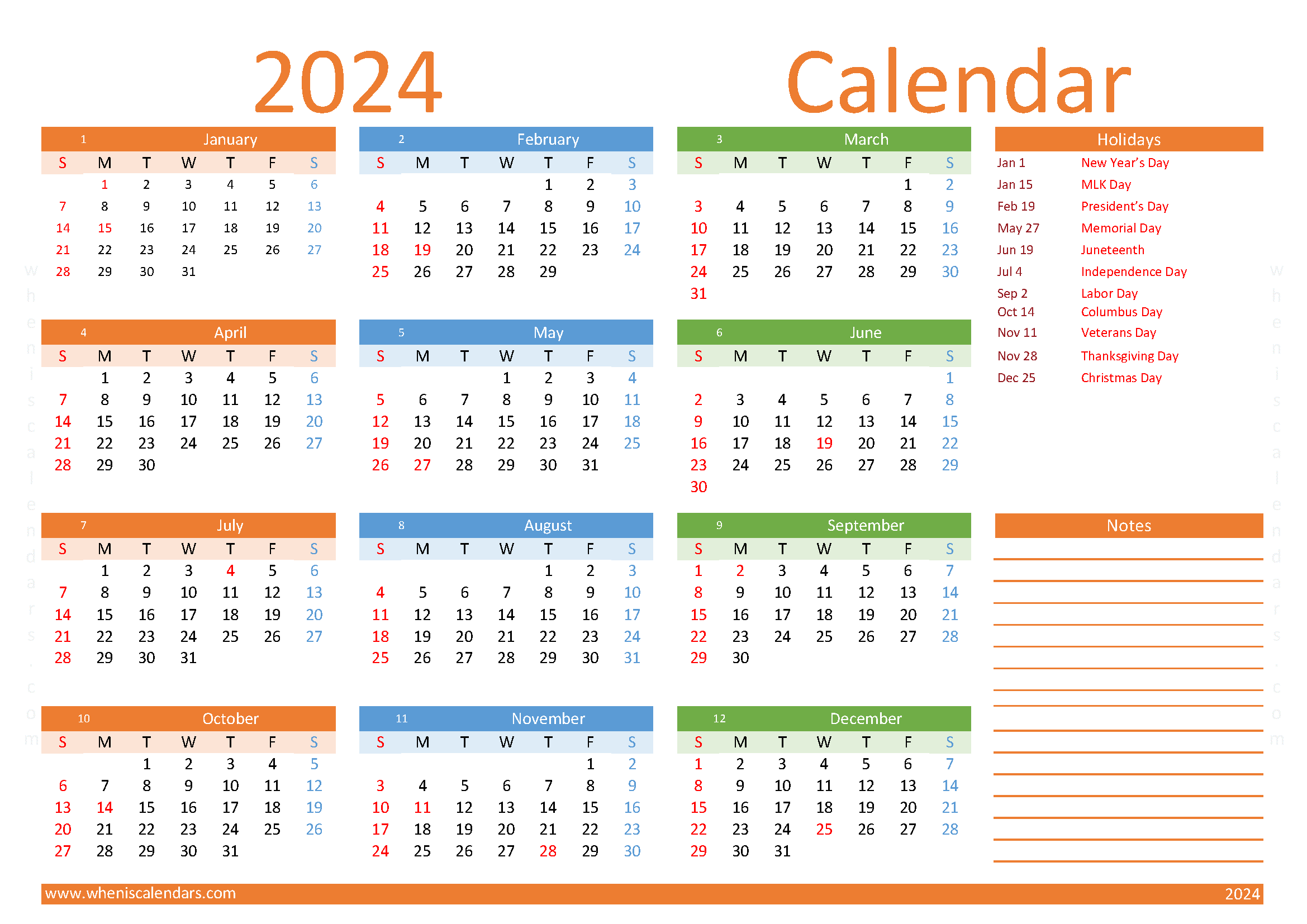 free printable 2024 Calendar with Holidays A4 in horizontal landscape