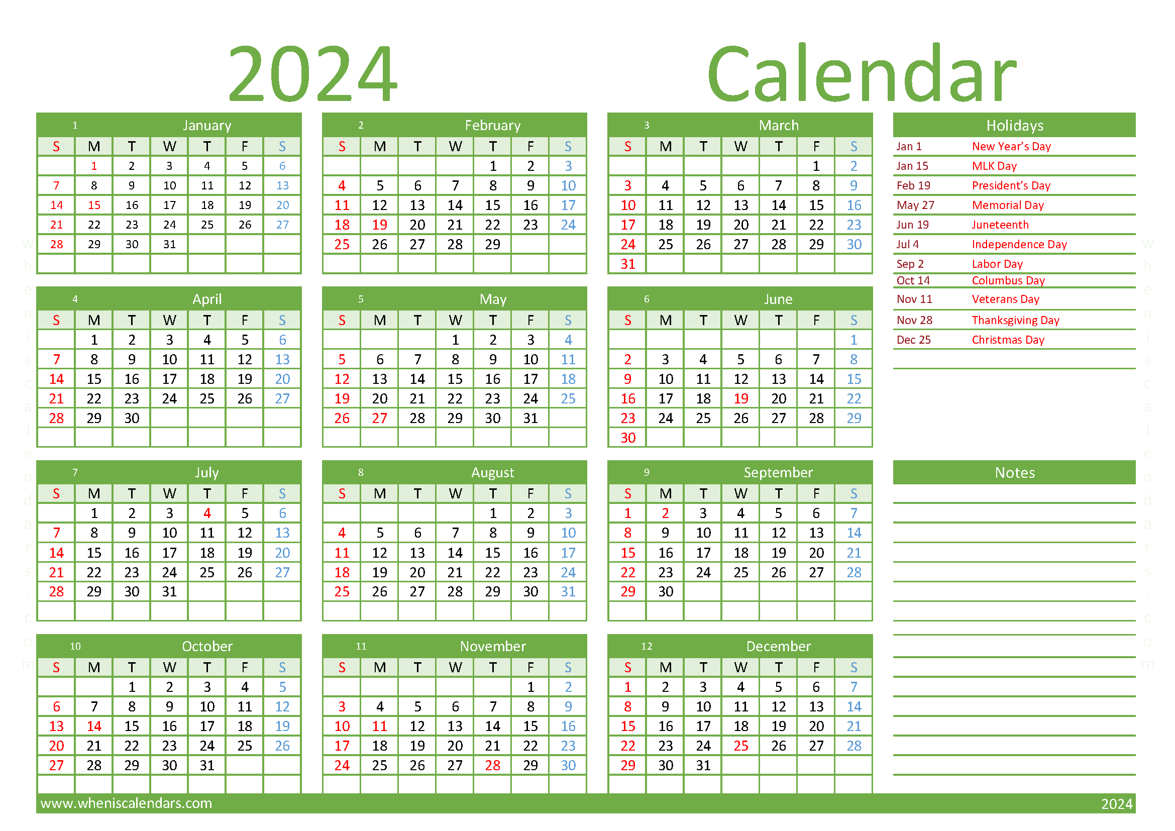 Download free printable calendar 2024 A4 Horizontal (O4Y011)