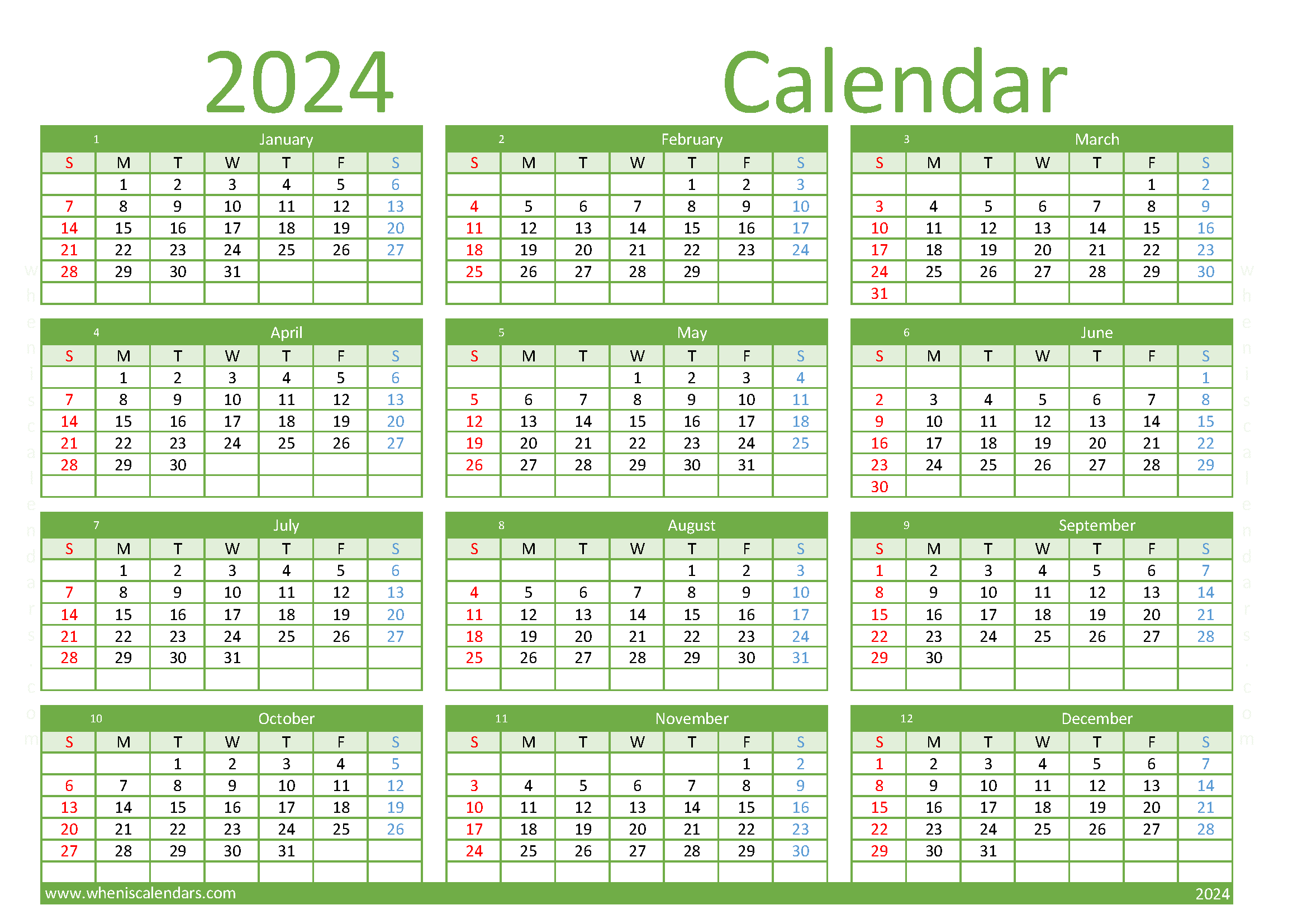 free printable Calendar 2024 one Page A4 in horizontal landscape colorful design
