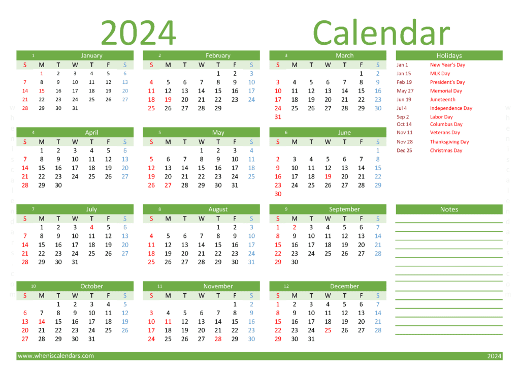 Download 2024 printable calendar one page A4 Horizontal (O4Y012)