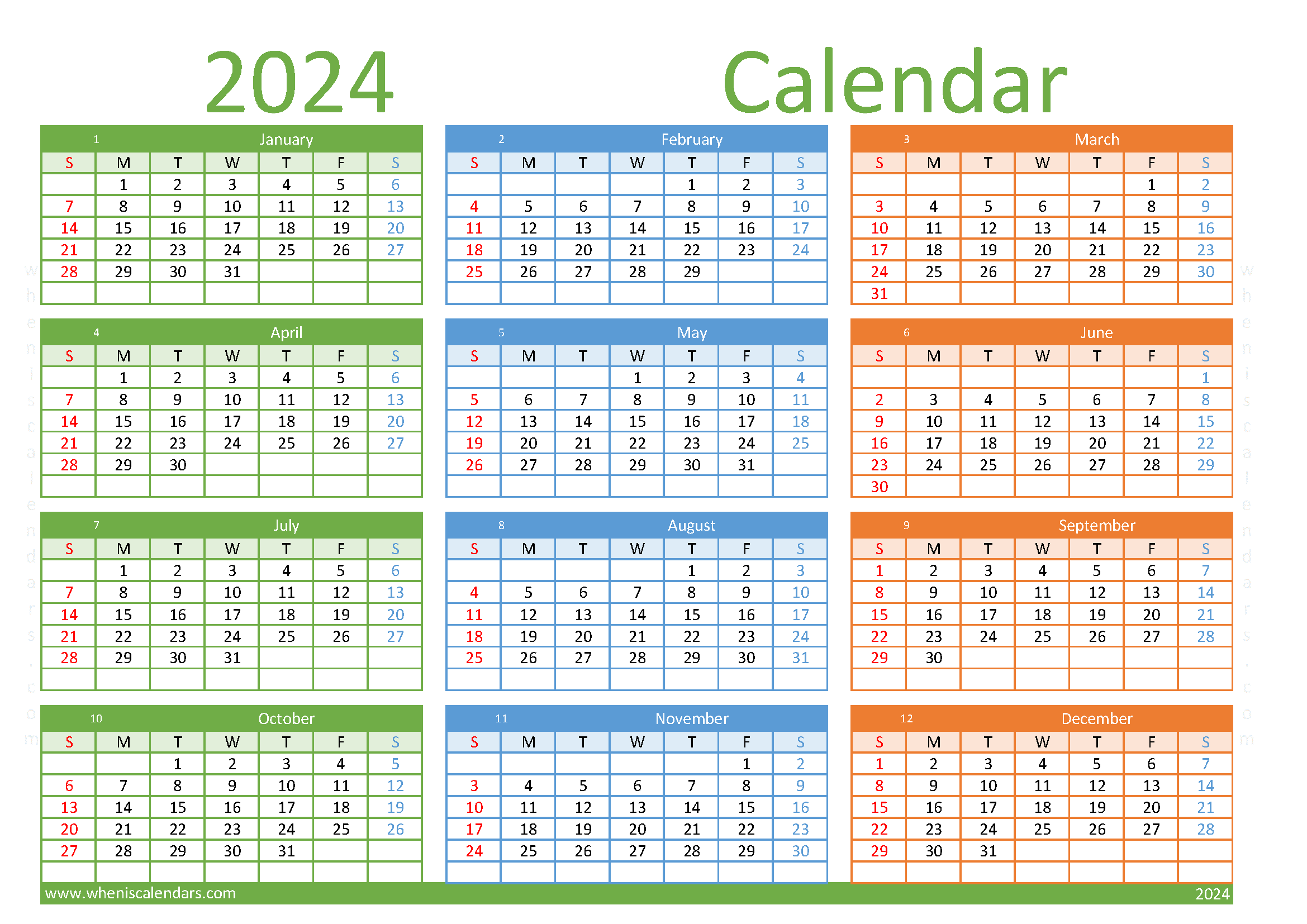 free printable Calendar 2024 yearly A4 in horizontal landscape colorful design