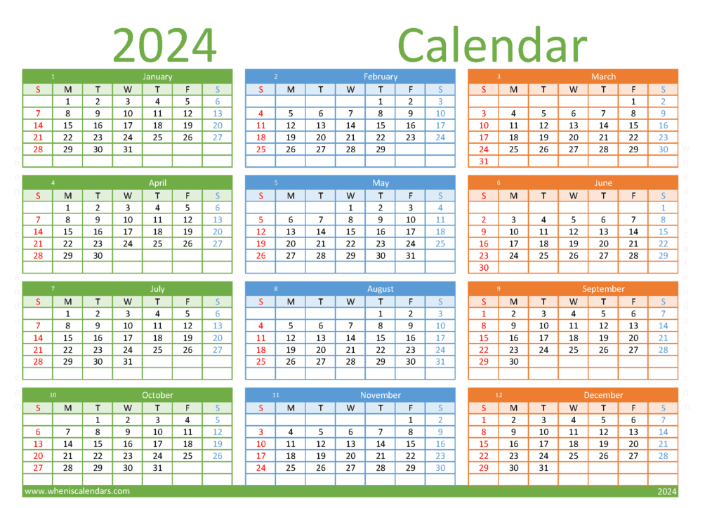 Download 2024 printable calendar free A4 Horizontal (O4Y101)