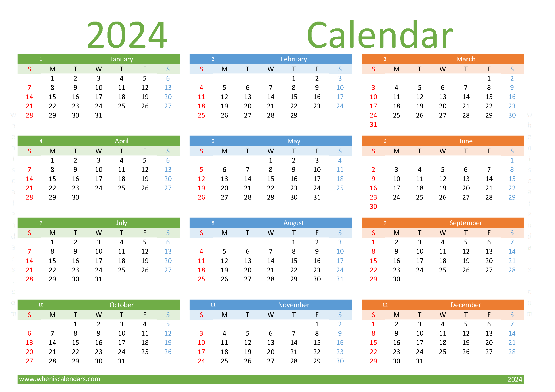 free printable Calendar 2024 yearly A4 in horizontal landscape colorful design