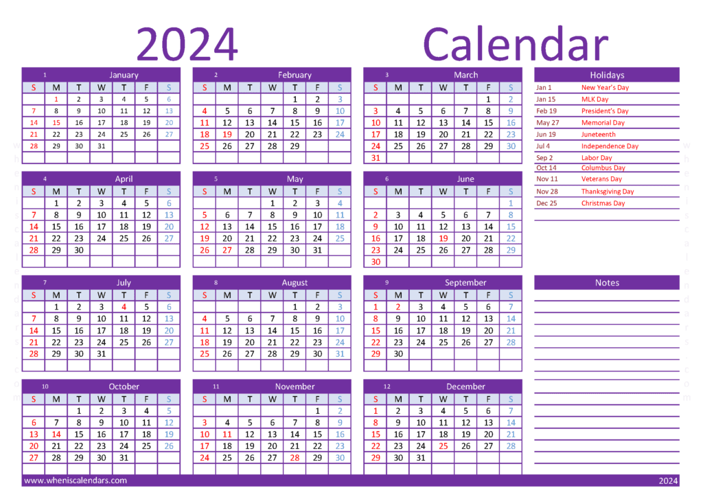 Download print a calendar com 2024 A4 Horizontal (O4Y015)