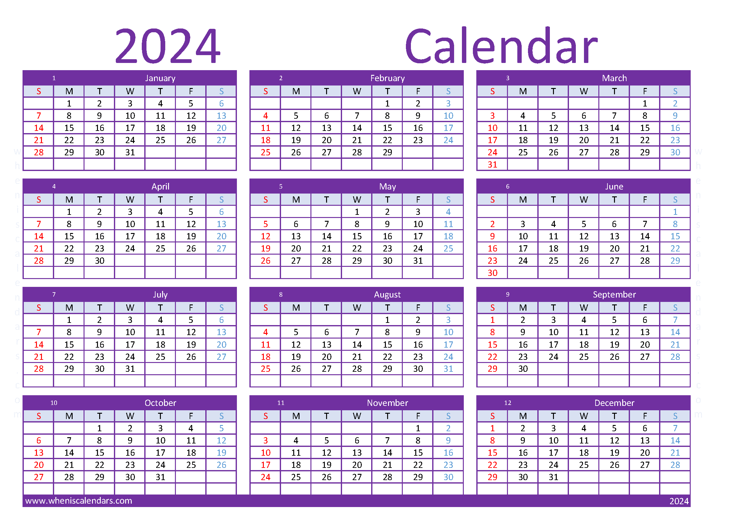 Download calendar 2024 print A4 Horizontal (O4Y103)