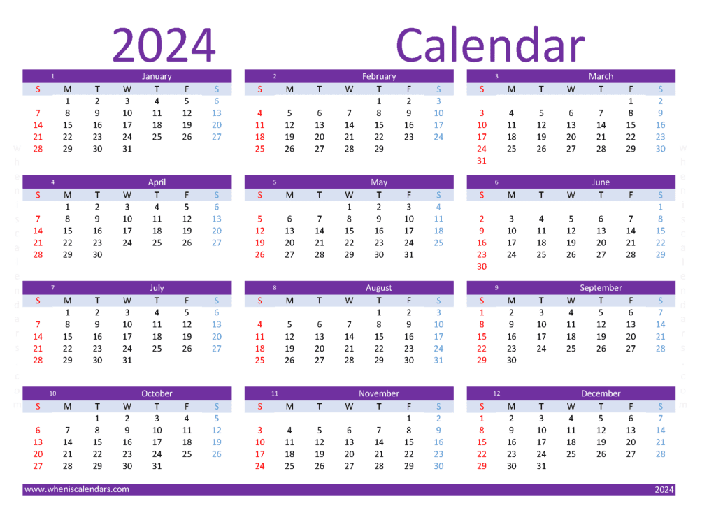 Download calendar to print 2024 A4 Horizontal (O4Y104)