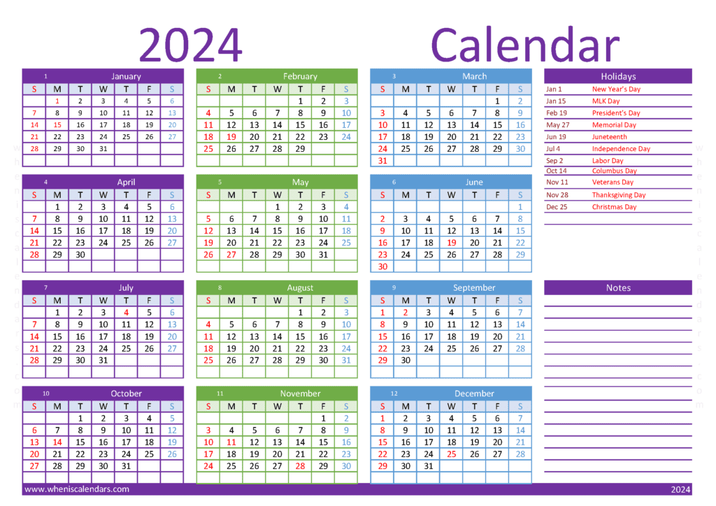 Download free calendar template 2024 A4 Horizontal (O4Y017)